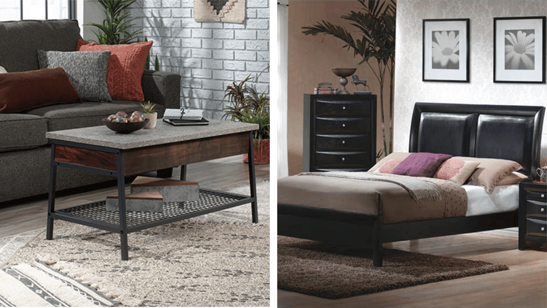 Two images side-by-side. One shows a wood and metal coffee table in front of a grey couch. The other shows a dark brown bedframe, chest of drawers, & nightstand