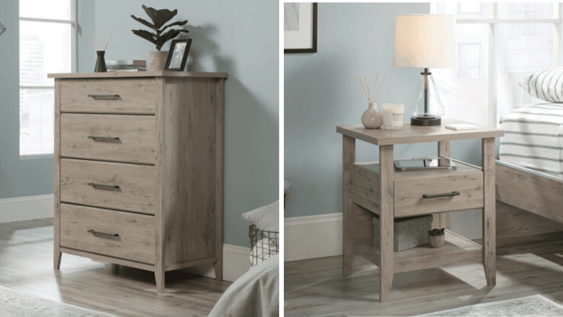 A light wooden chest with rod handles and four drawers on the left and a nightstand with one drawer on the right.