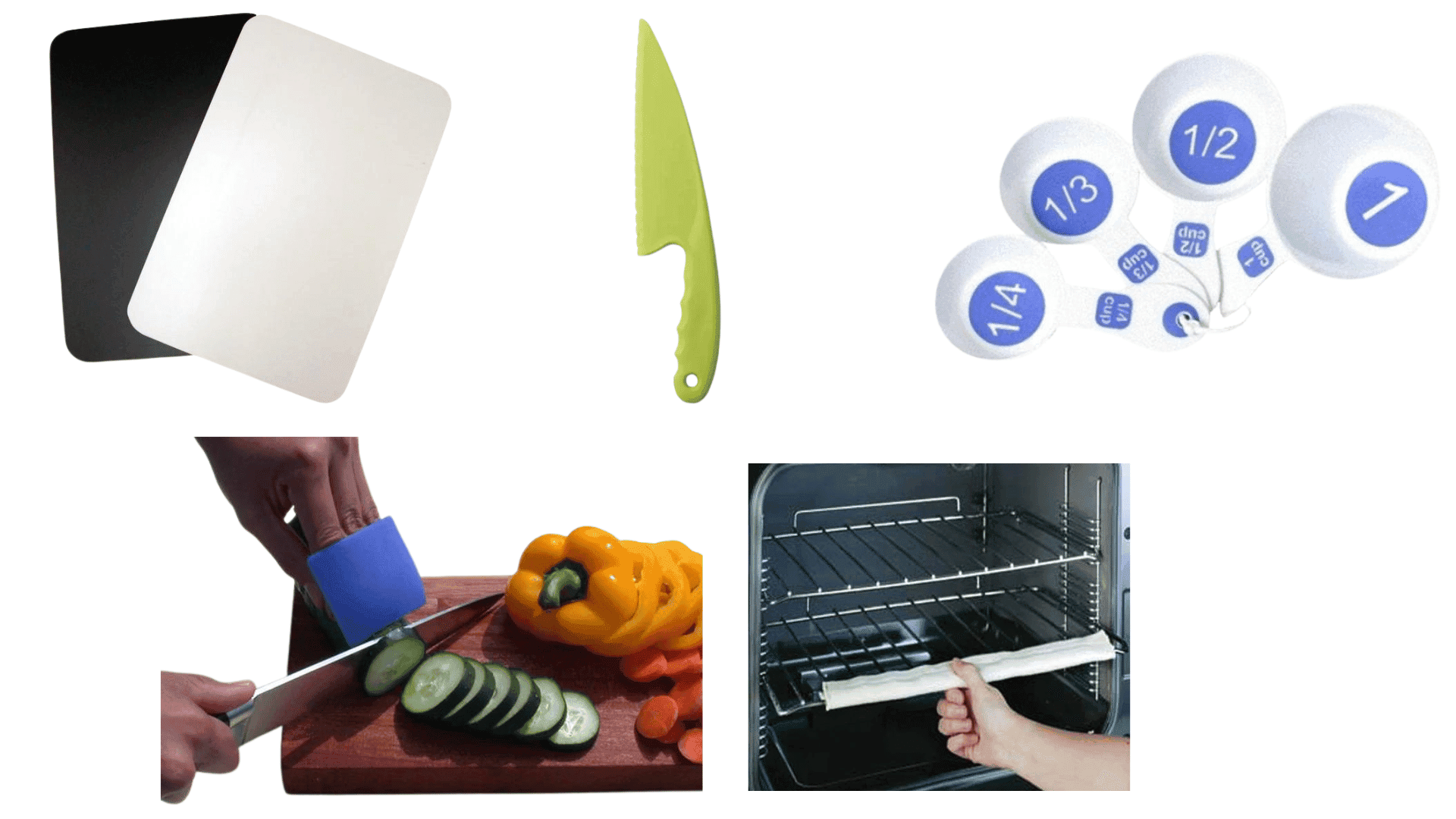 A collage of kitchen items. A high contrast cutting board, finger guard, lettuce knife, oven rack guard, large print measuring cup.