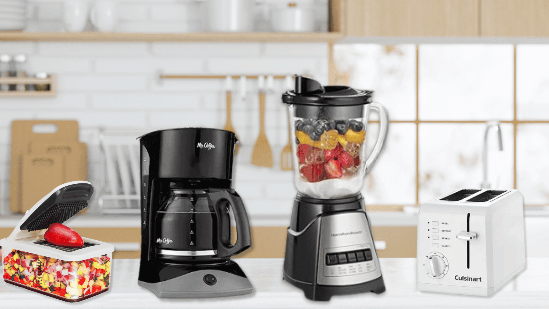 A vegetable chopper, coffee pot, blender, and toaster are lined up on a kitchen counter. 